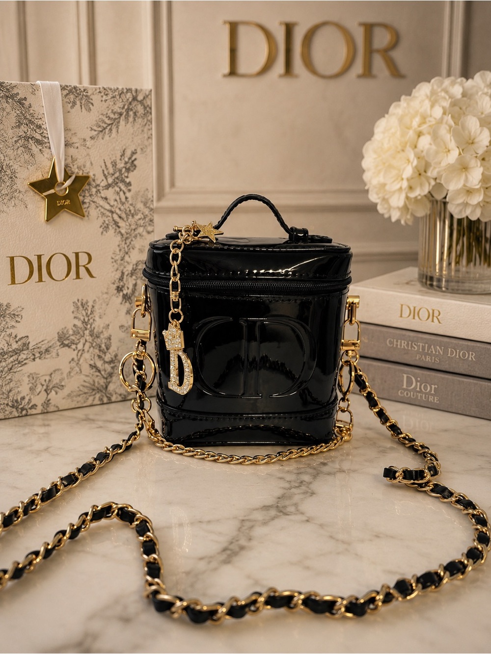 Dior Black Patent Mini Vanity Bag with Gold Hardware